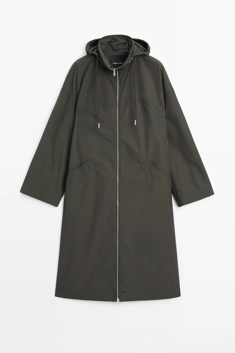 Technical fabric trench coat with hood