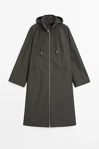 Technical fabric trench coat with hood