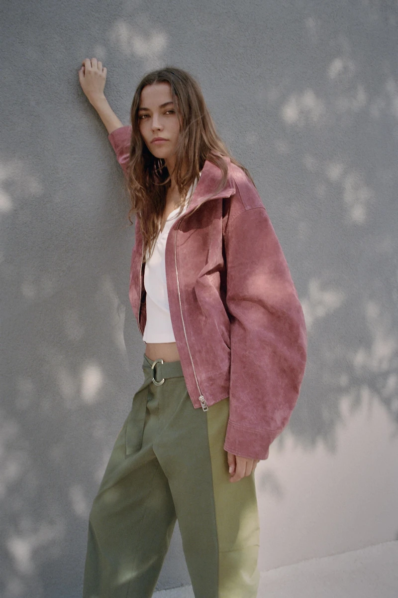 100% LEATHER HIGH NECK BOMBER JACKET