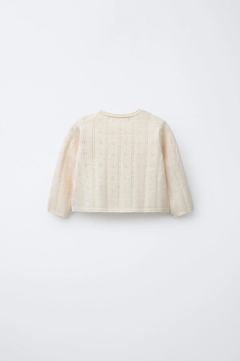 OPENWORK AND EMBROIDERED KNIT CARDIGAN