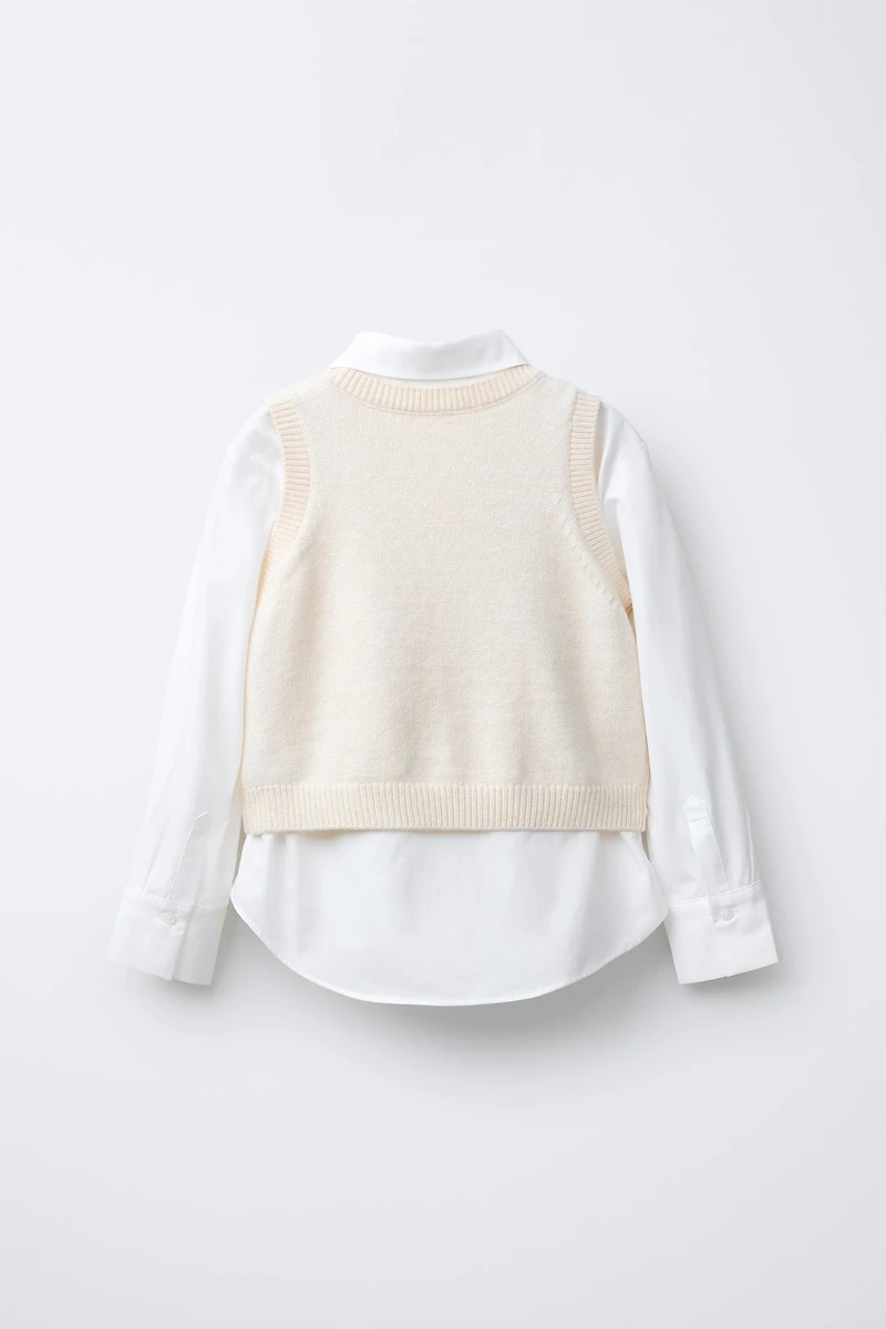 POPLIN SHIRT WITH KNIT VEST AND VELVET BOWS