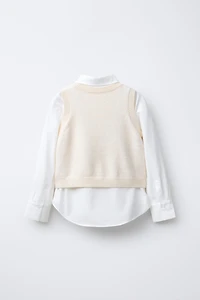 POPLIN SHIRT WITH KNIT VEST AND VELVET BOWS