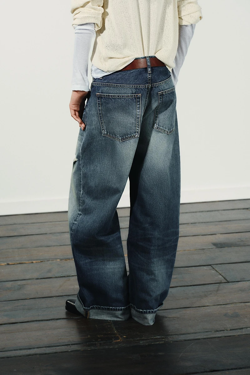 TRF MID-RISE RIPPED BAGGY FOLDED JEANS