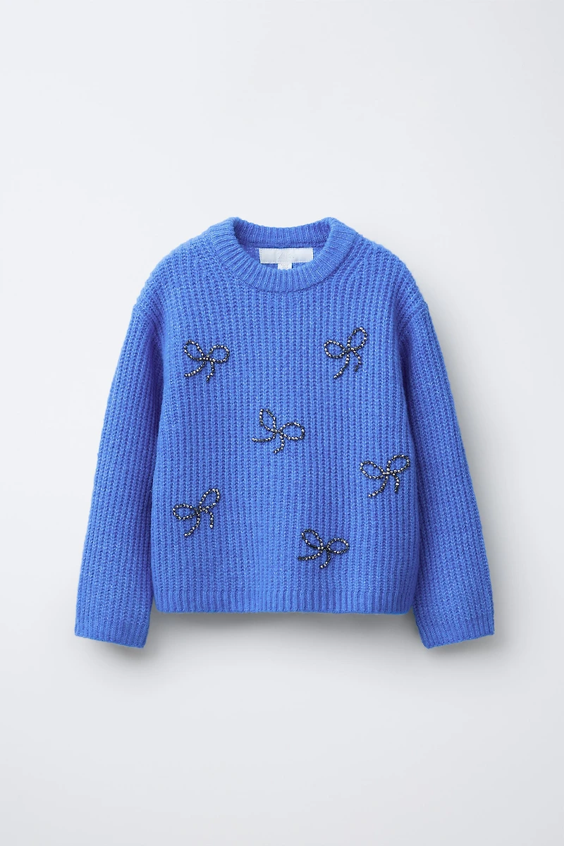 BEADED AND SPARKLY BOW KNIT SWEATER