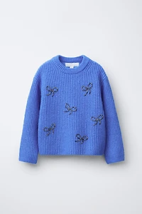 BEADED AND SPARKLY BOW KNIT SWEATER