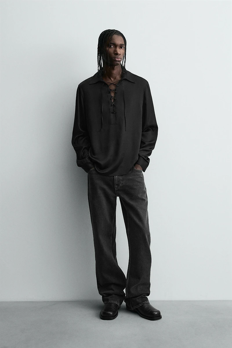 DRAWSTRING FLOWY POLO SHIRT