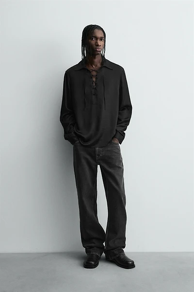 DRAWSTRING FLOWY POLO SHIRT