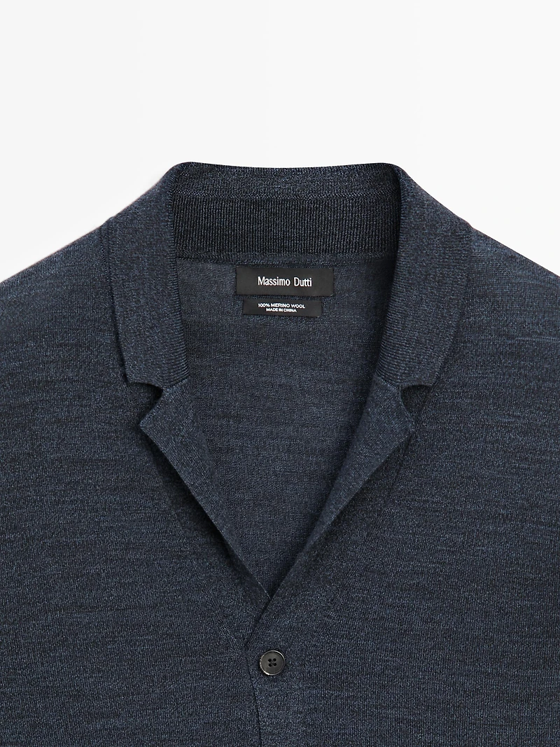 Wool knit cardigan with lapel collar