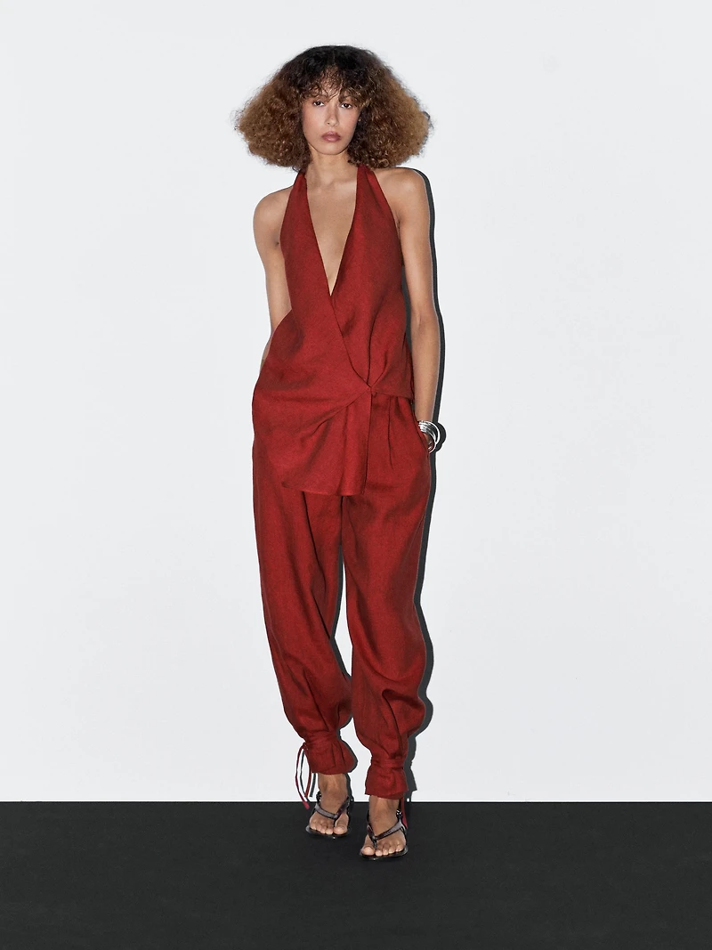 Linen halter top with low-cut back