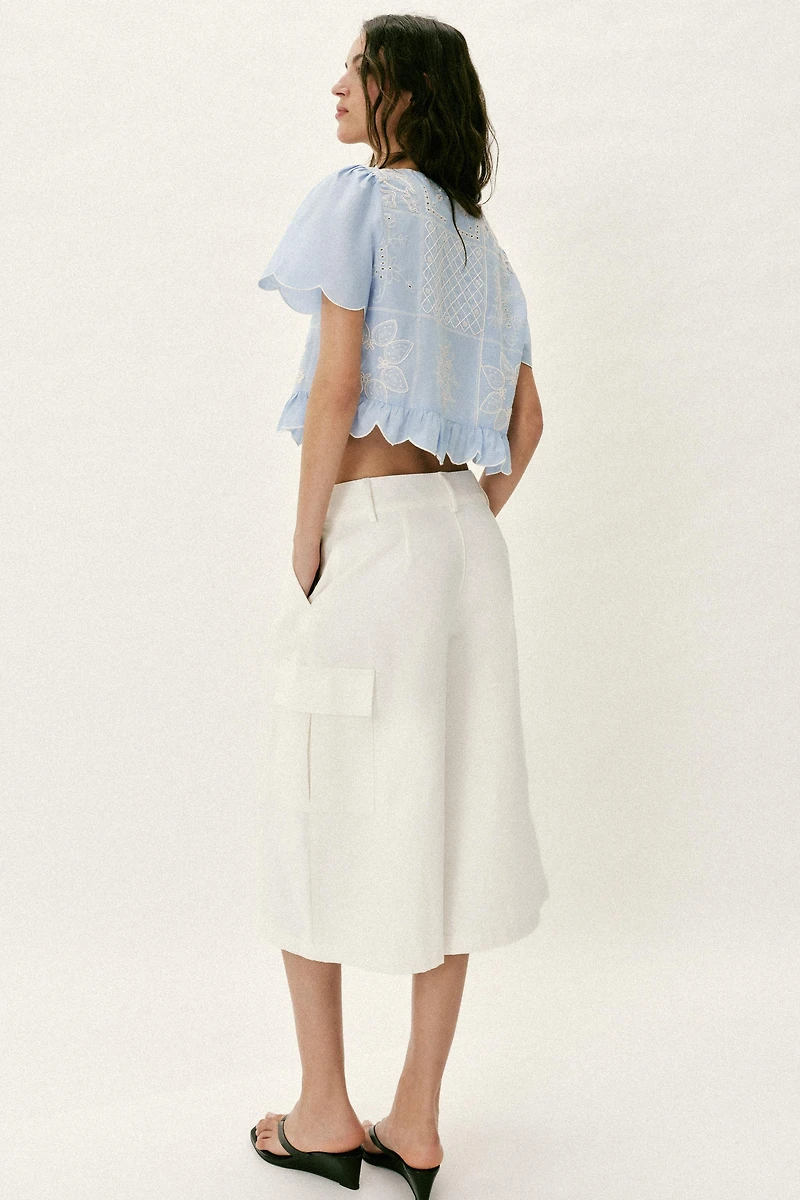 PERFORATED EMBROIDERED TIE BLOUSE