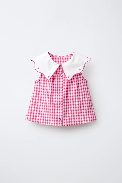 EMBROIDERED COLLAR GINGHAM SHIRT