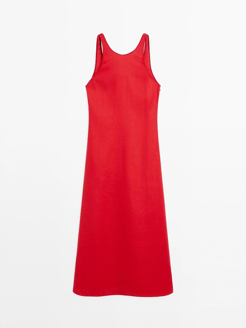 100% linen round neck midi dress