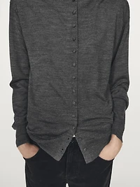 Mock turtleneck cardigan with covered buttons