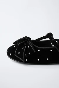 VELVET T-BAR BALLET FLATS WITH BOW
