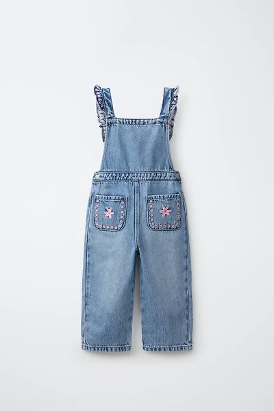 EMBROIDERED FLORAL DENIM OVERALLS