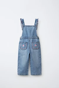 EMBROIDERED FLORAL DENIM OVERALLS