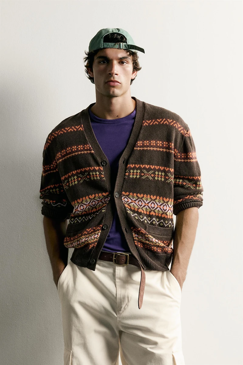 COTTON-LINEN JACQUARD REGULAR FIT CARDIGAN