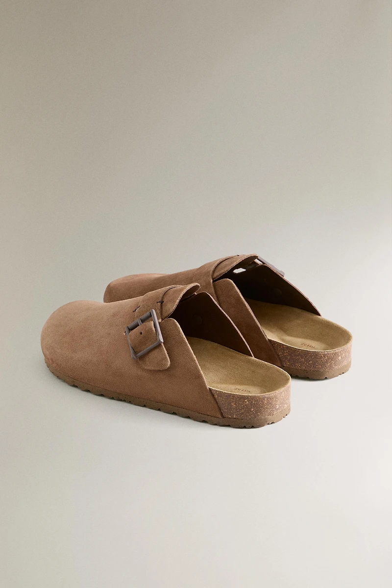 LEATHER MULE CLOG SLIPPERS WITH BUCKLE AND TOPSTITCHING DETAIL