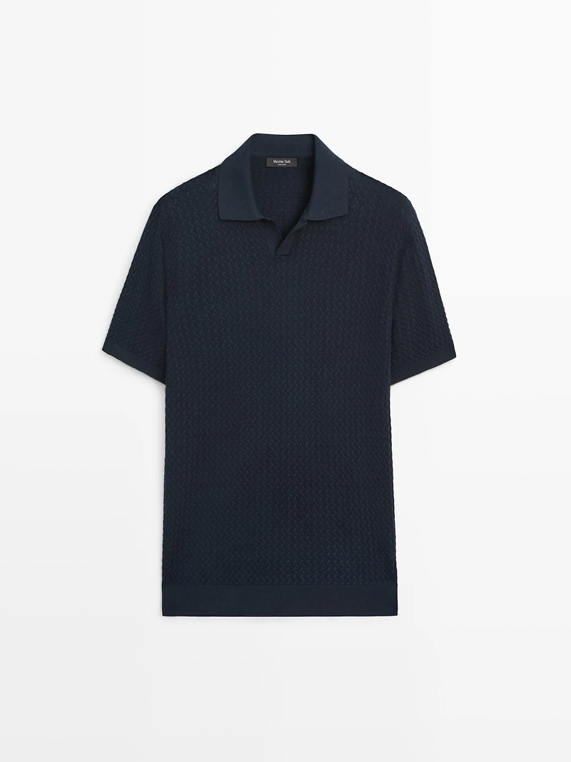Cable-knit V-neck polo shirt