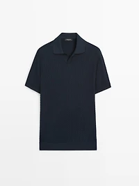 Cable-knit V-neck polo shirt