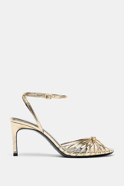 METALLIC KNOTTED HEELED SANDALS