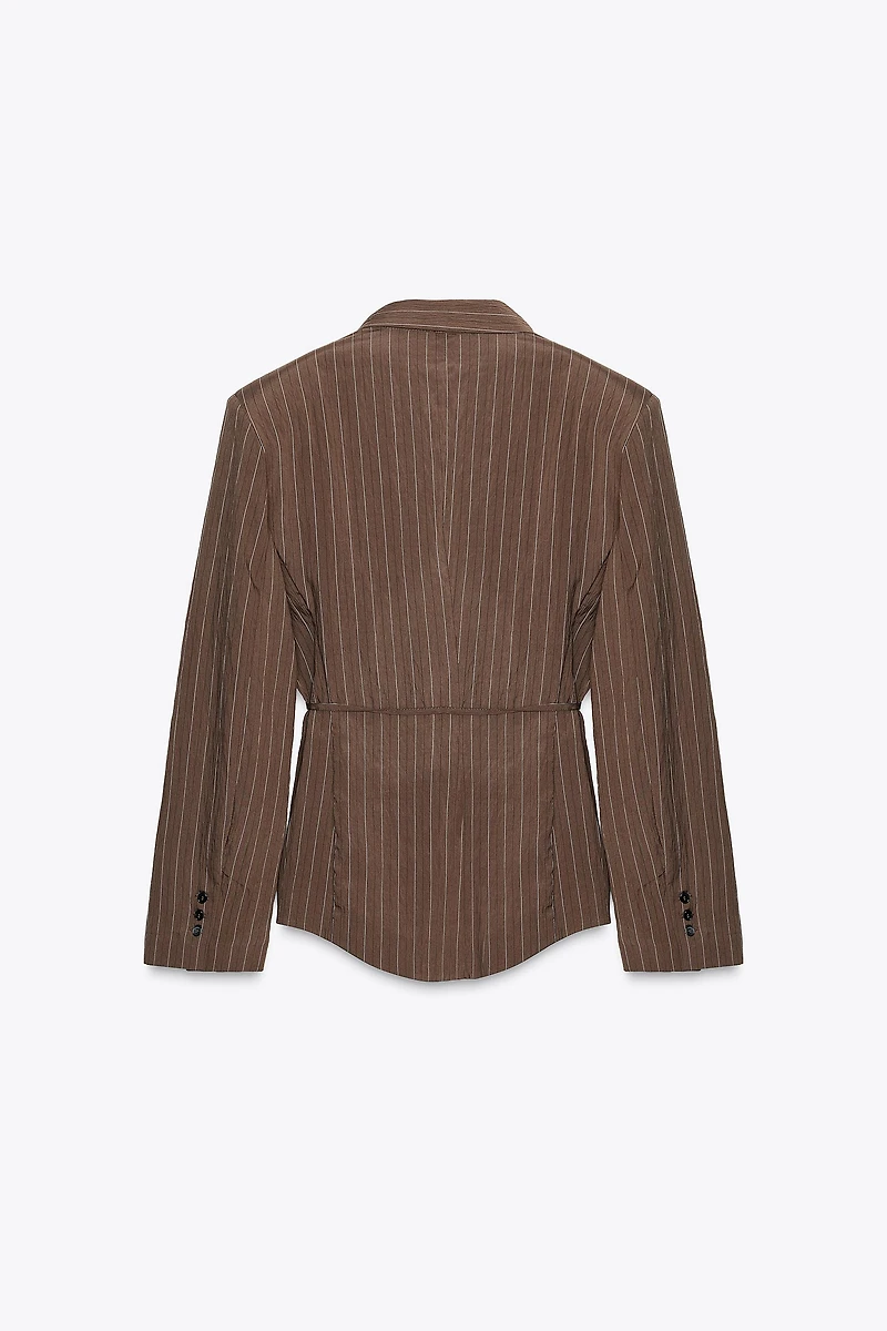 STRIPED SHOULDER PAD BLAZER WITH THIN BELT