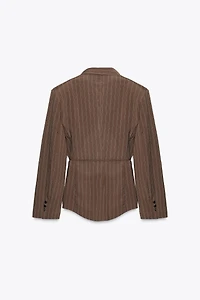 STRIPED SHOULDER PAD BLAZER WITH THIN BELT