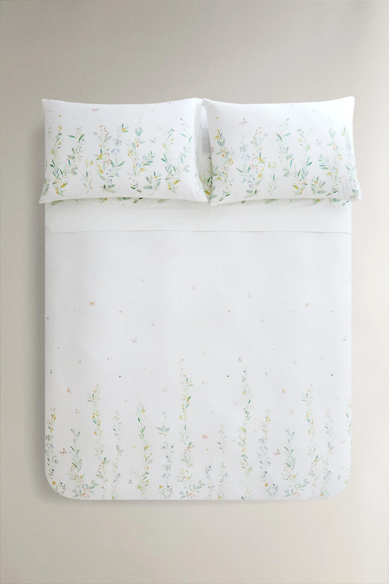 SATEEN DUVET COVER LEAVES AND FLOWERS