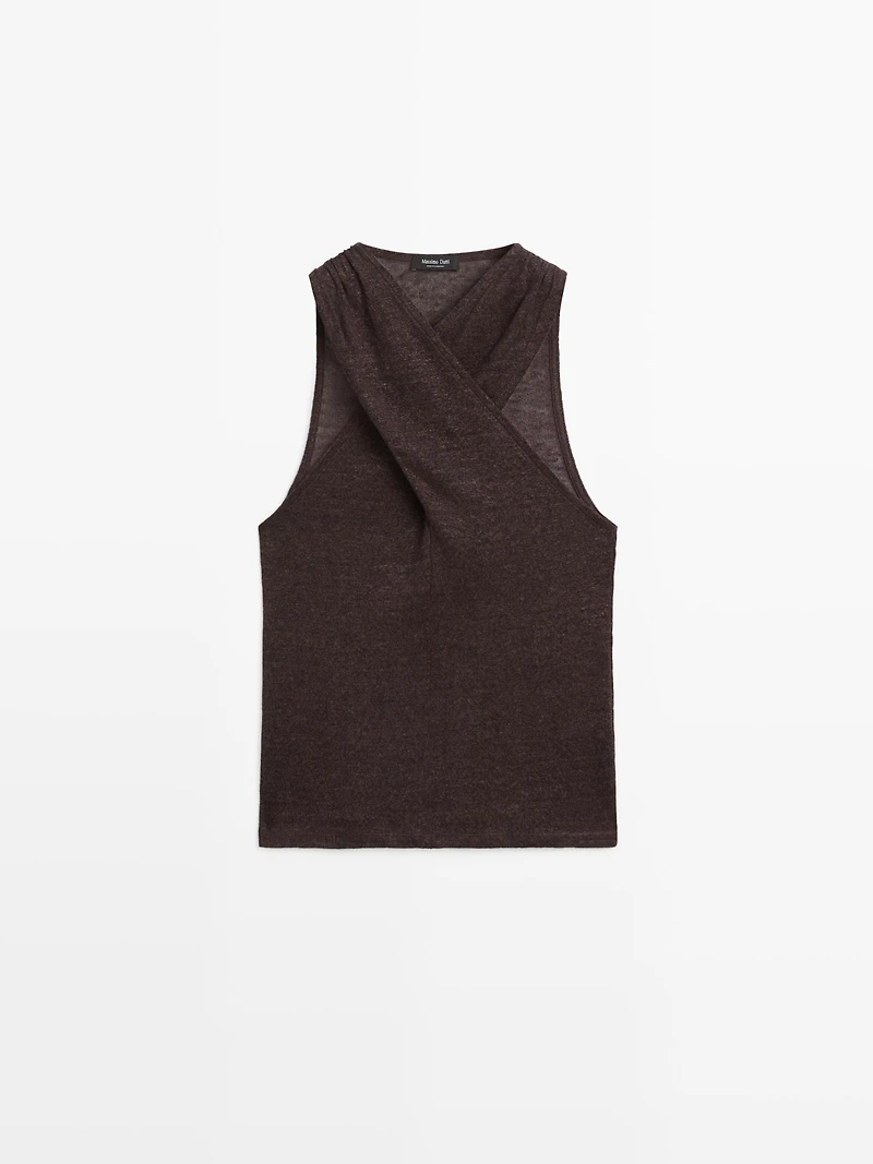 Linen blend top with surplice neckline