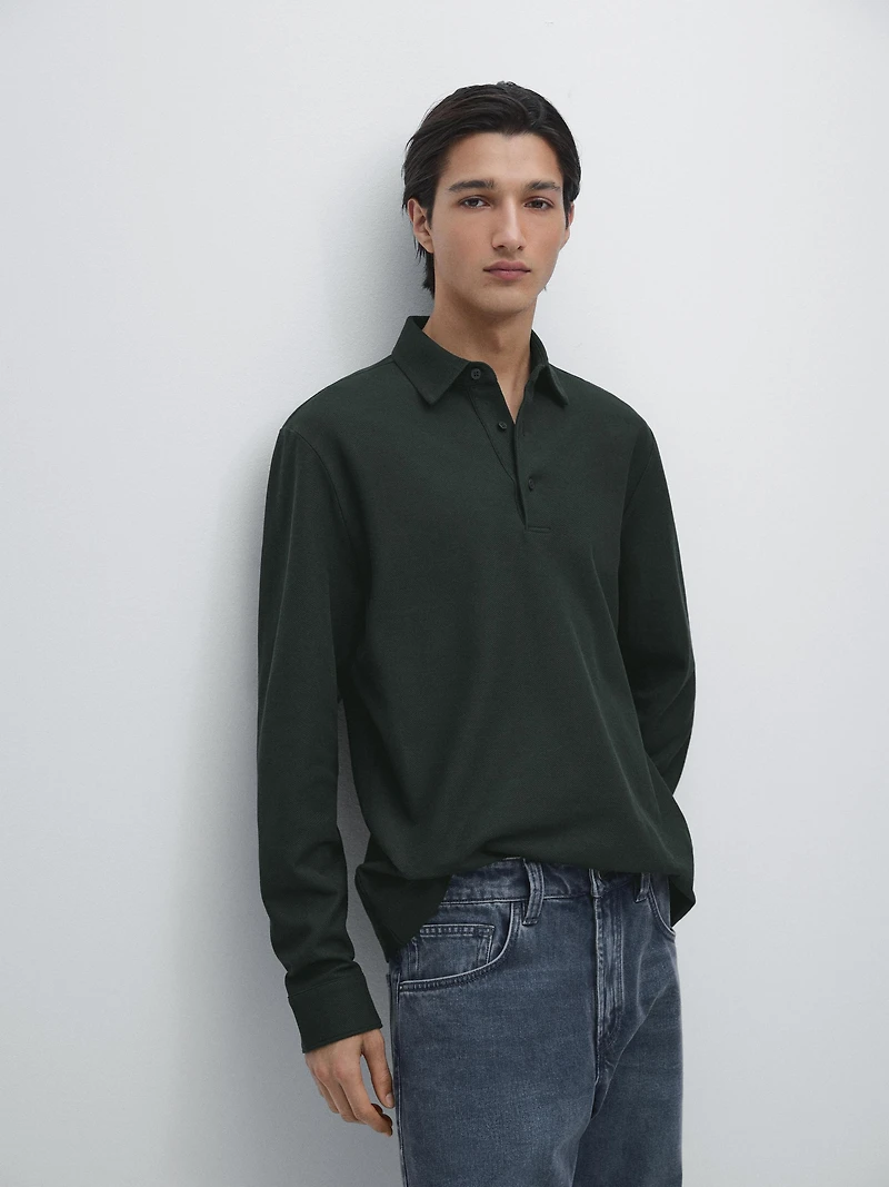 Textured piqué polo shirt with long sleeves