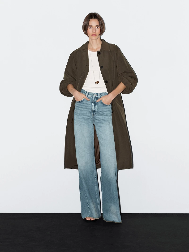 Water-repellent technical fabric trench coat with button detail