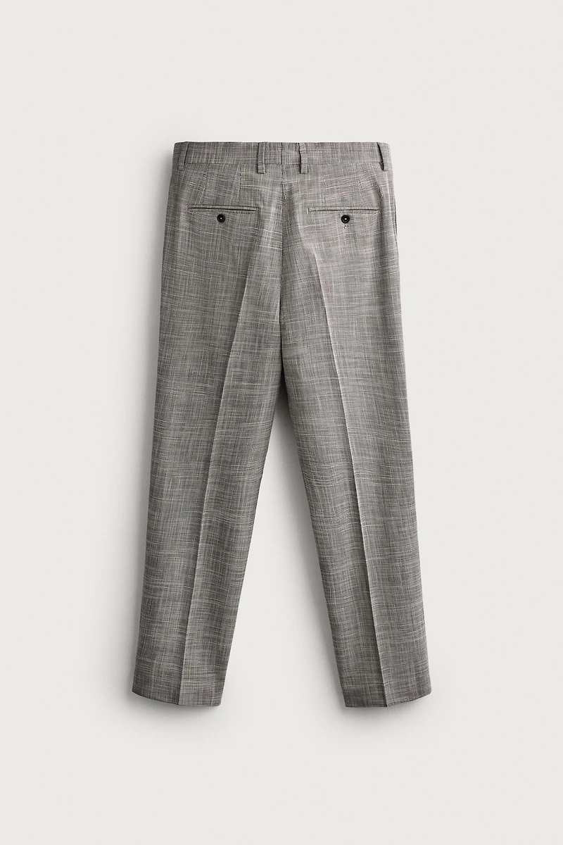 CHECKED WOOL BLEND PLEATED SUIT PANTS
