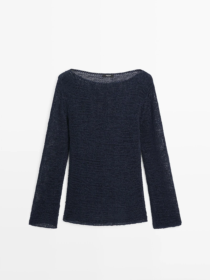 Cotton blend knit boat neck sweater