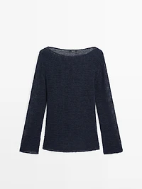 Cotton blend knit boat neck sweater
