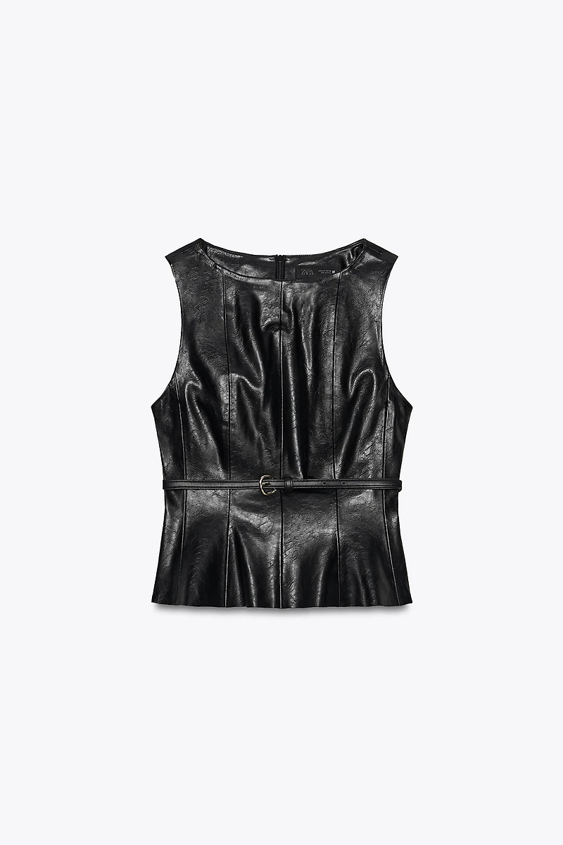 FAUX LEATHER BELTED TOP