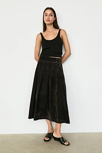 Flocked denim midi skirt with box pleats