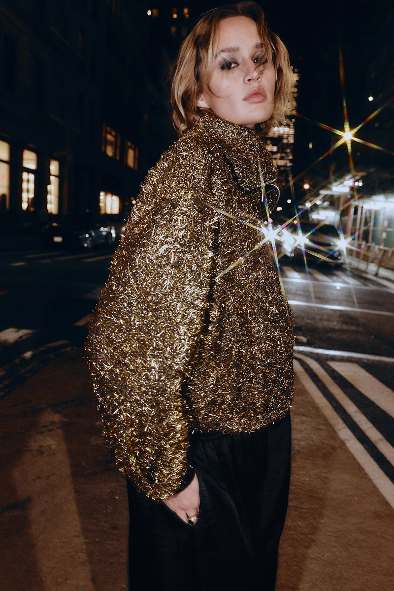 METALLIC THREAD BOMBER JACKET