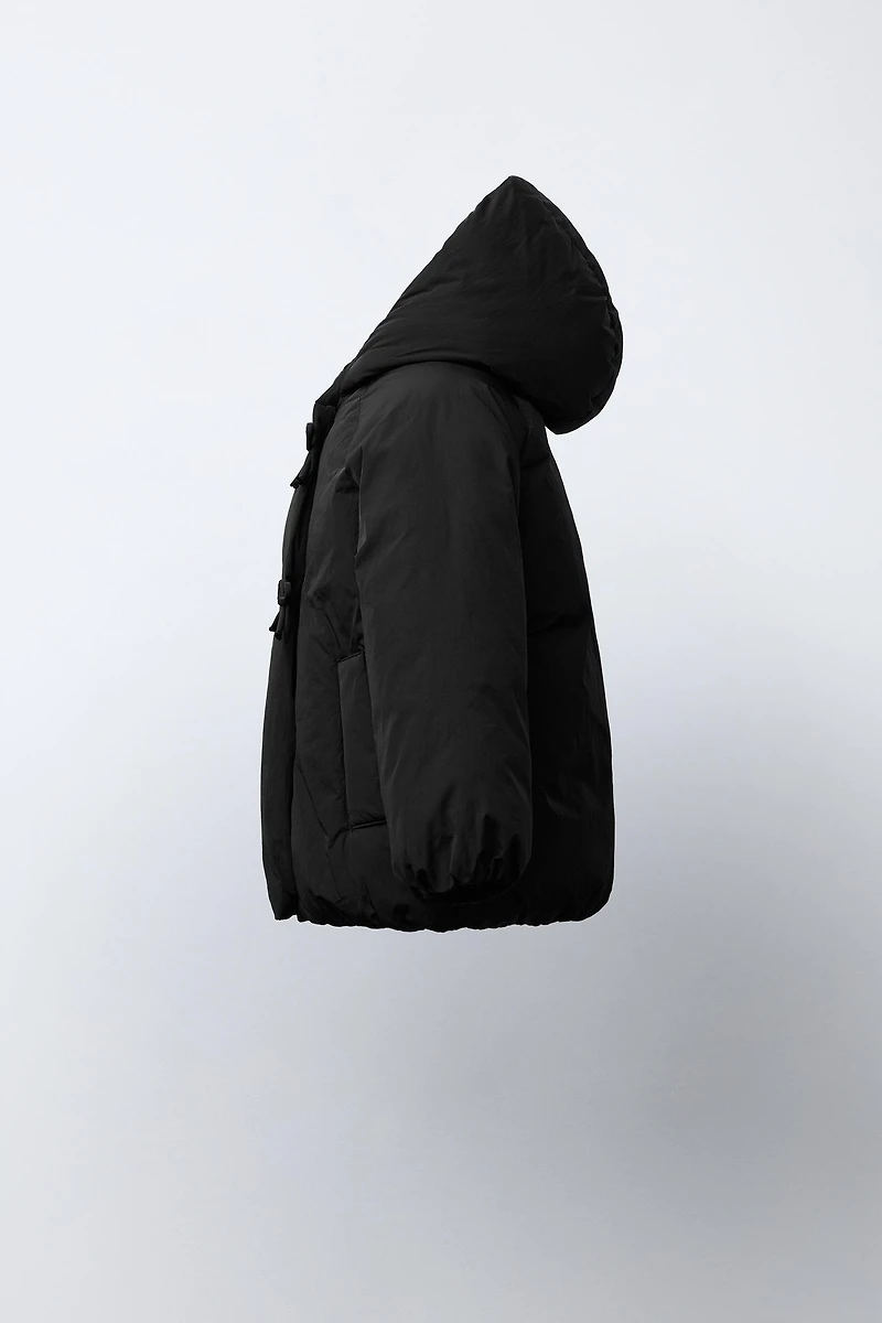 DOUBLE-BREASTED HOODED COAT WITH BOWS