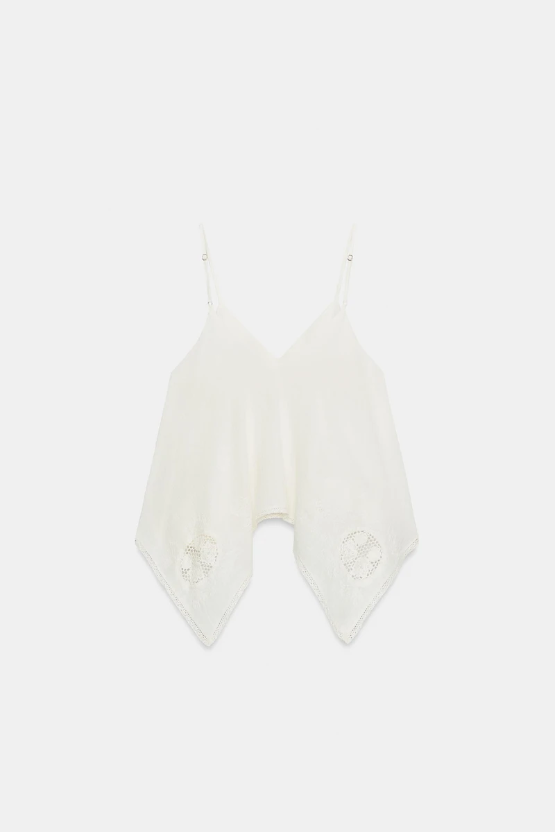 ASYMMETRIC EMBROIDERED GAUZE TOP