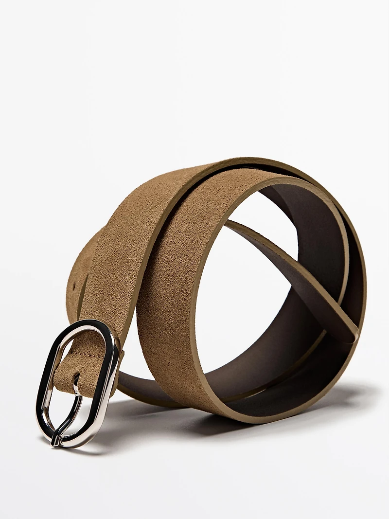 Split suede leather belt with oval buckle