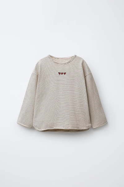 STRIPED T-SHIRT WITH EMBROIDERED HEARTS