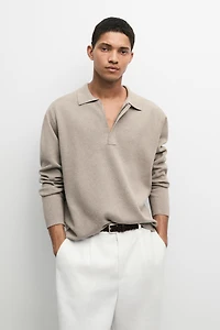 Cotton blend knit zip polo sweater