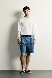 PLEATED REGULAR FIT DENIM BERMUDA SHORTS