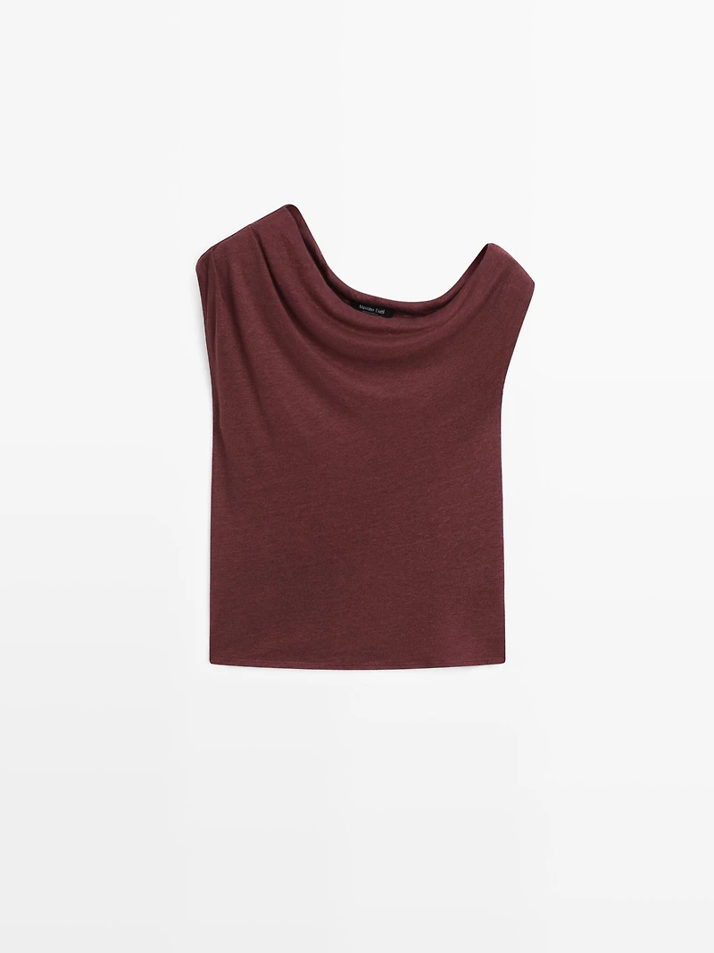 Top asymétrique drapé en lin mélangé