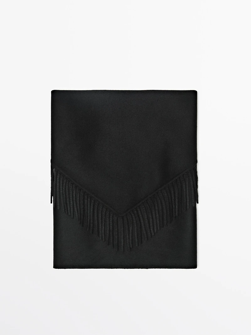 Wool blend knit cape with fringing