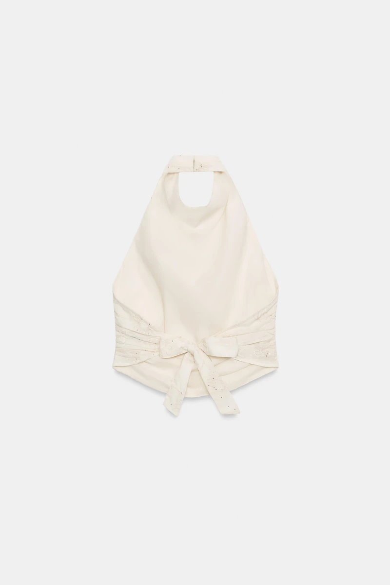 TOP HALTER BRODÉ À PAILLETTES