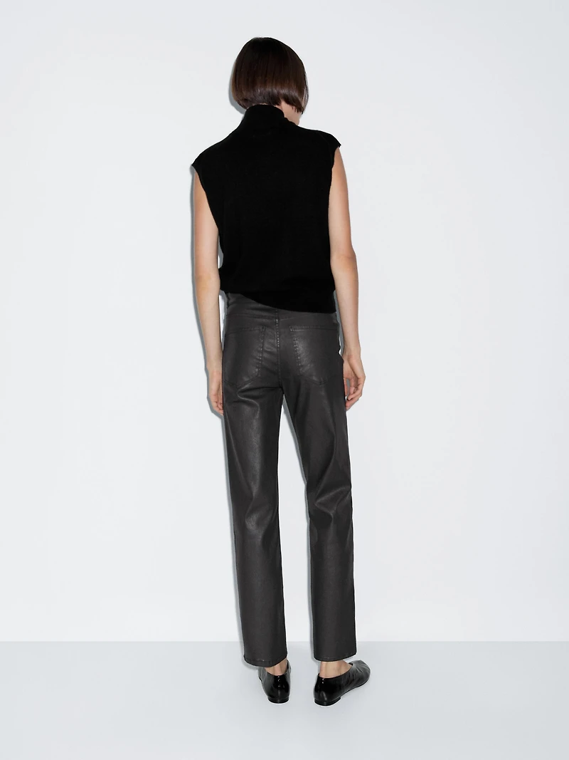 High-waist straight-leg waxed trousers