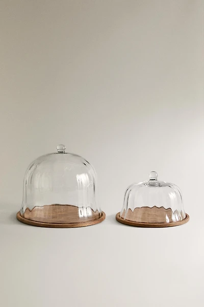 WOODEN CAKE STAND WITH GLASS DOME