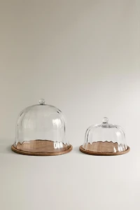 WOODEN CAKE STAND WITH GLASS DOME