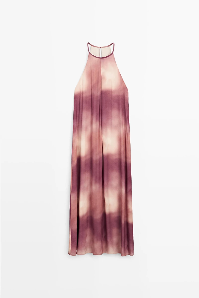 Printed tie-dye flowing halter maxi dress
